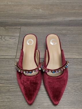 Velvet Pointed-Toe Slip-On Mules with Crystal Strap - Wine Red